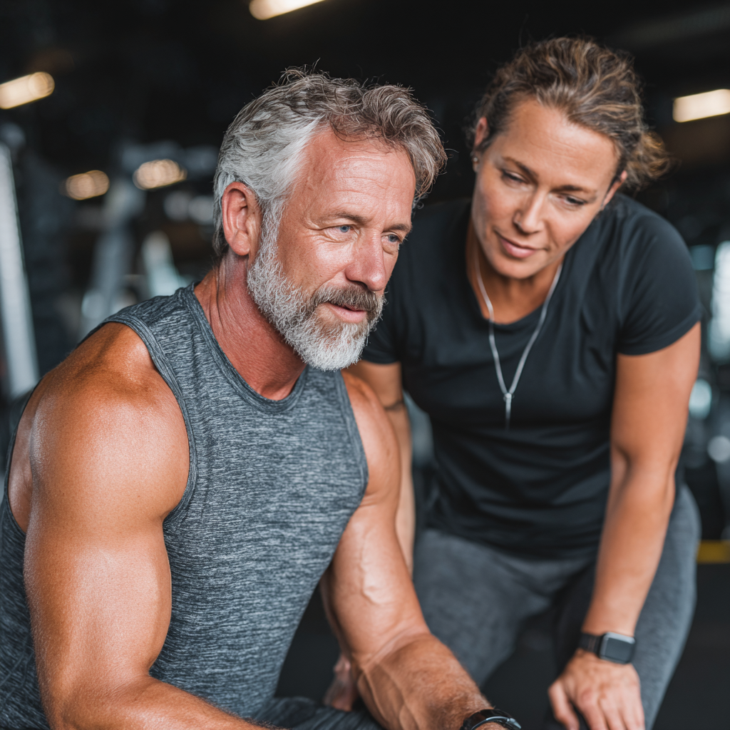 Чоловік 58 років виконує персональне тренування з досвідченим тренером в залі, отримуючи індивідуальні рекомендації з техніки вправ