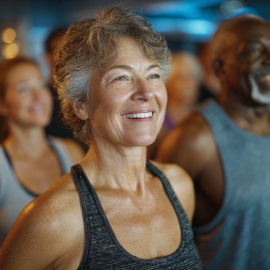 Група людей віком 50-60 років бере участь у вступному фітнес-заняттєі з професійним тренером, демонструючи дружню та підтримуючу атмосферу