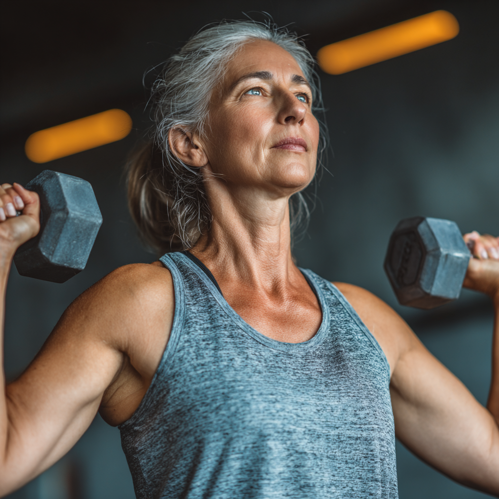 Активна жінка 55 років виконує функціональні вправи з гантелями в сучасному фітнес-залі, демонструючи правильну техніку та концентрацію