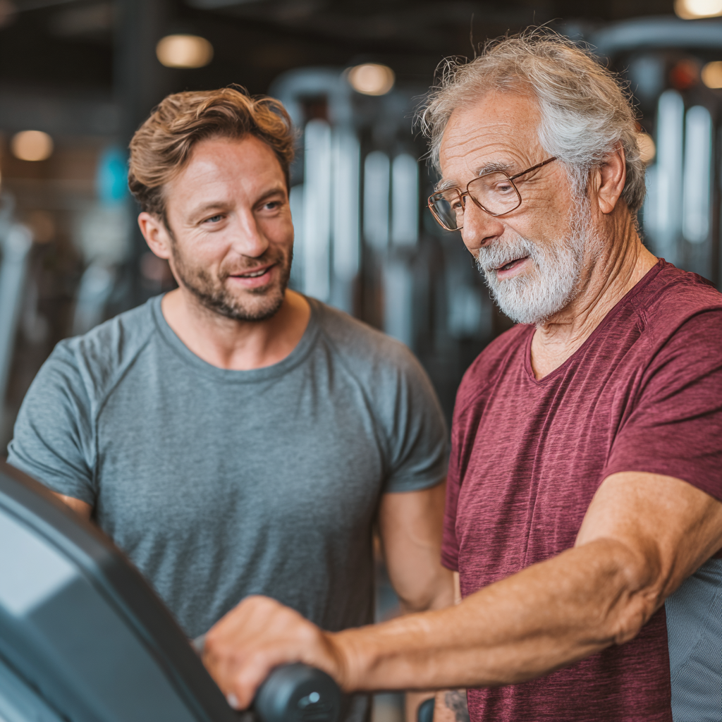 Досвідчений тренер 52 років консультує клієнта щодо правильної техніки виконання вправ в сучасно обладнаному фітнес-центрі